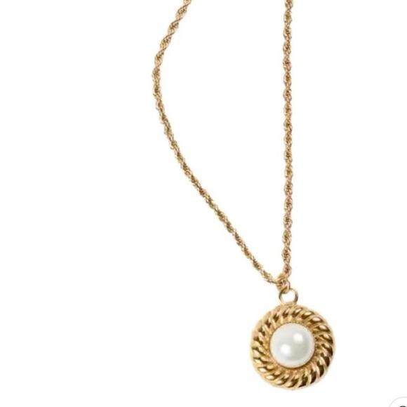 Alco Gold Plated Titanium French Rope Twist Acrylic White Pearl Charm Necklace - Picture 1 of 8